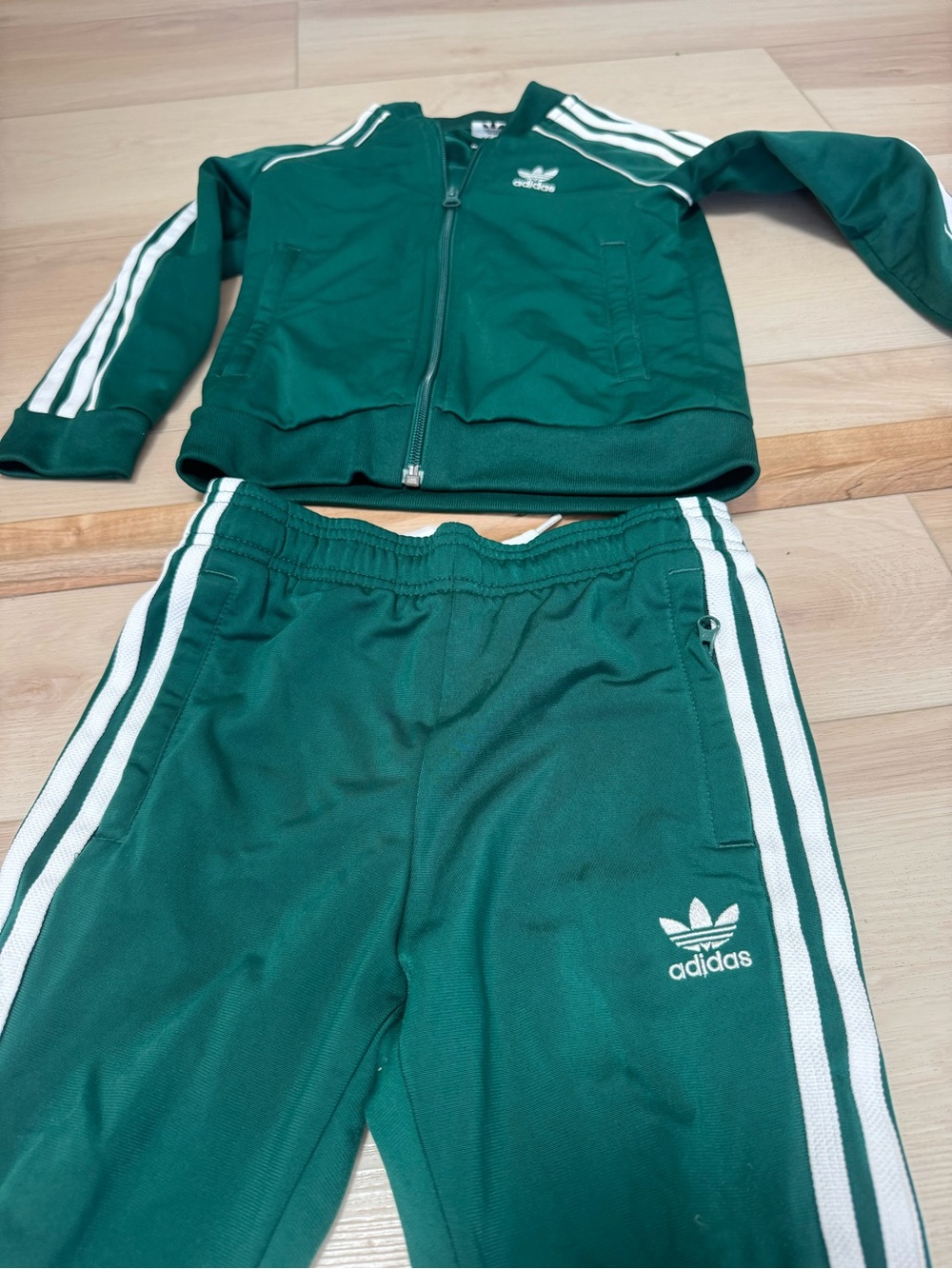 adidas Green Kids Track Jacket & Joggers with White Stripes